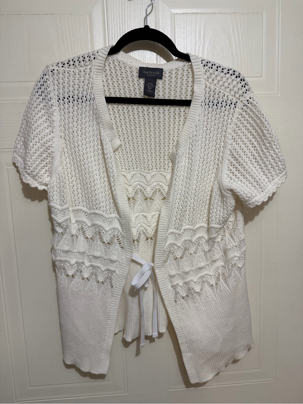 Van Heusen Cream Open-Knit Short Sleeve Cardigan with Front Tie